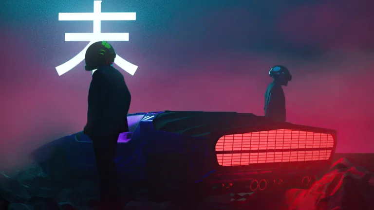 Daft Punk helmeted duo with futuristic car and red neon lights in dark cyberpunk scene UHD wallpaper