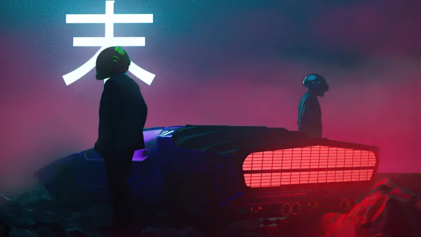 Daft Punk helmeted duo with futuristic car and red neon lights in dark cyberpunk scene UHD wallpaper