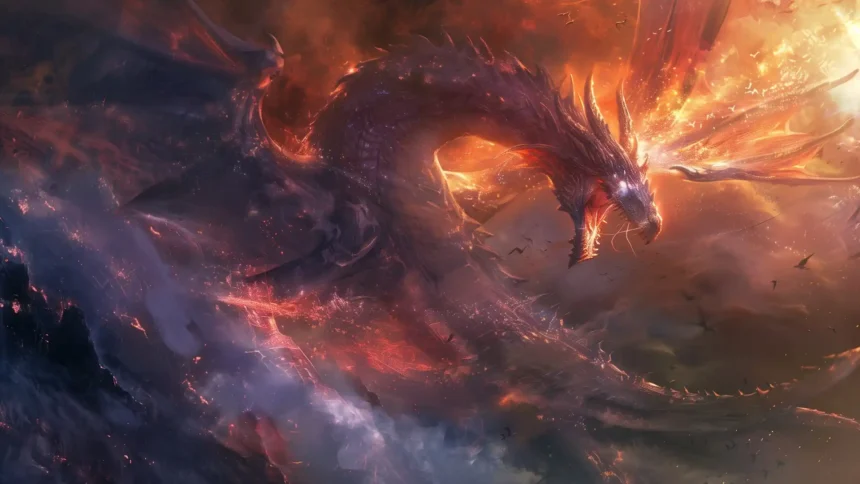 Dark dragon flying through a fiery fantasy sky with massive wings, glowing embers, dramatic clouds, and intense orange light wallpaper.