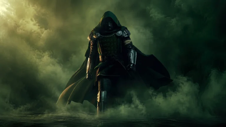 Doctor Doom in hooded armor walking through dark green smoke with flowing cape Marvel wallpaper.