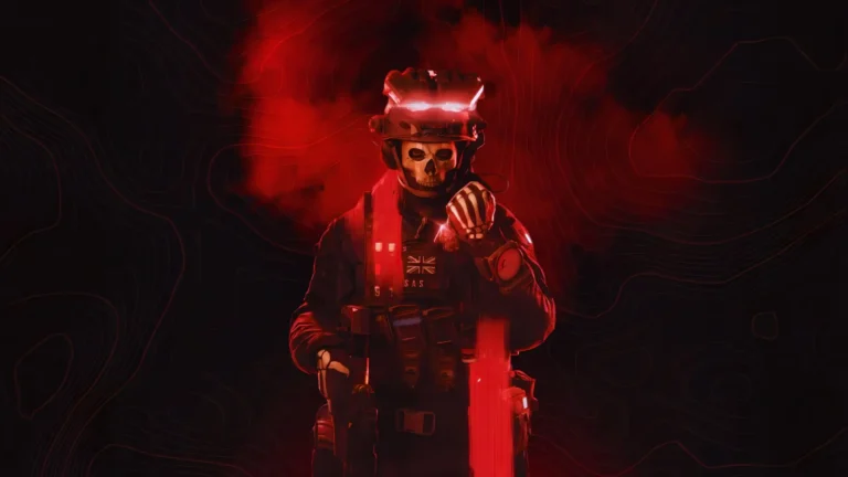 Ghost from Call of Duty Modern Warfare 2 wearing his iconic skull mask and tactical SAS gear under intense red lighting wallpaper.
