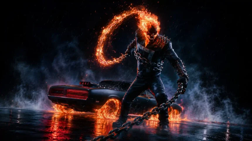 Ghost Rider wielding hellfire chains beside a flaming muscle car in the rain UHD wallpaper