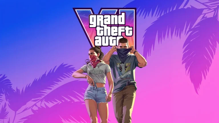 GTA VI Jason and Lucia artwork with colorful Vice City background, palm trees, and Grand Theft Auto 6 logo wallpaper.