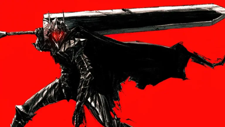 Guts from Berserk wearing his Berserker Armor and wielding the massive Dragonslayer sword against an intense red background wallpaper.