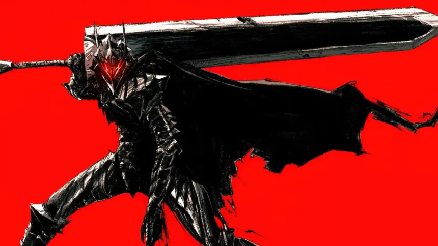 Guts from Berserk wearing his Berserker Armor and wielding the massive Dragonslayer sword against an intense red background wallpaper.