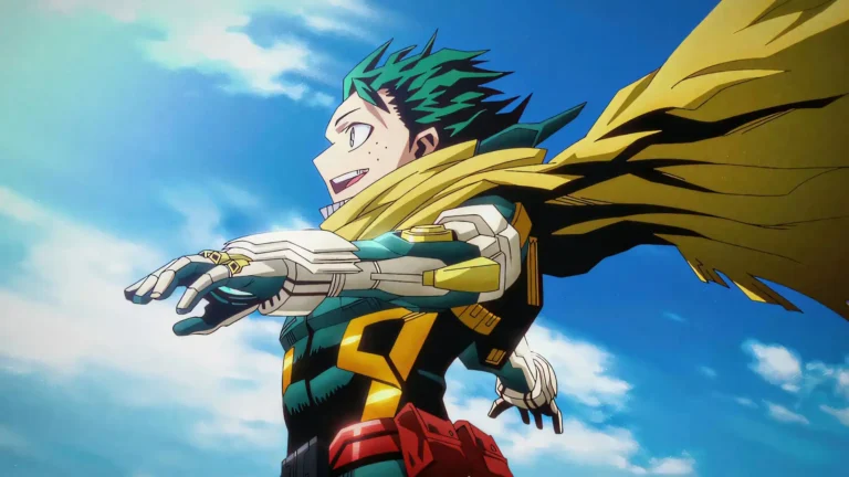Izuku Midoriya Deku wearing armored hero suit with golden cape under blue sky My Hero Academia UHD wallpaper