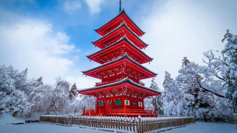 Japanese red pagoda surrounded by snow-covered trees and blue winter sky UHD wallpaper