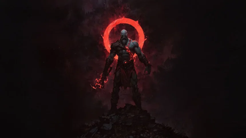 Kratos God of War Ragnarok dark Spartan warrior with glowing red energy UHD wallpaper