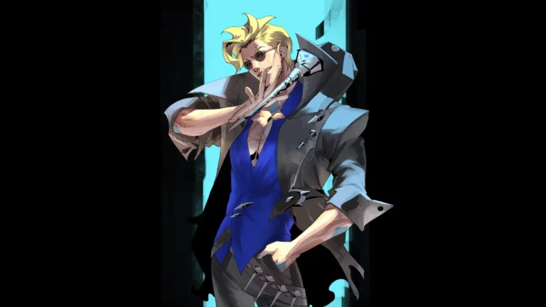 Locke from League of Legends posing stylishly in a blue and black outfit with sunglasses against a dark background wallpaper.