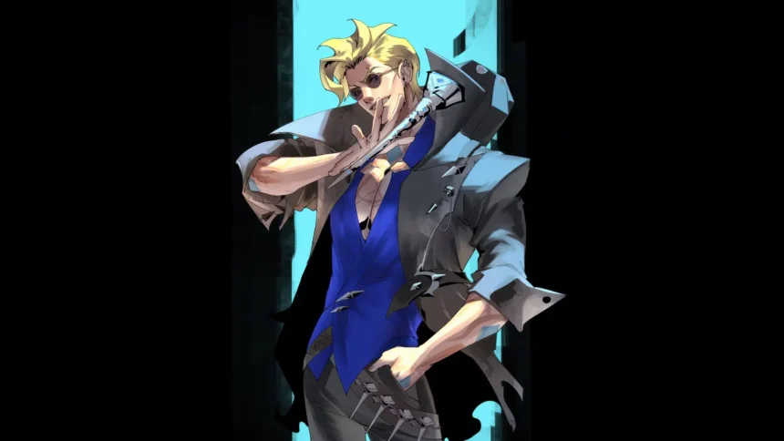 Locke from League of Legends posing stylishly in a blue and black outfit with sunglasses against a dark background wallpaper.