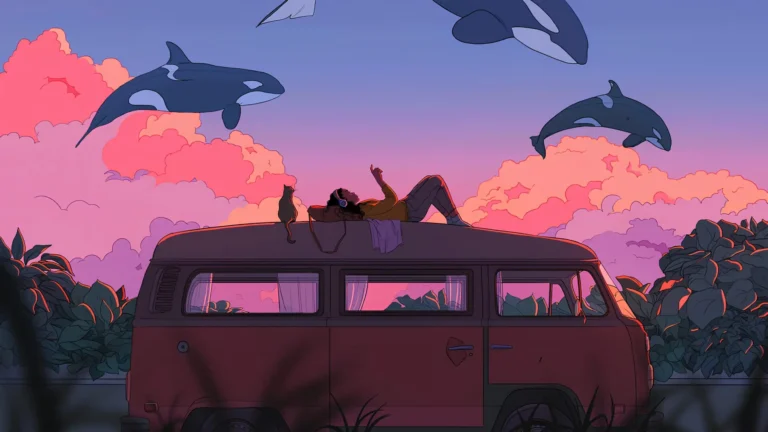 LoFi girl relaxing on van roof with headphones, cat, pink sunset clouds and flying orcas UHD wallpaper