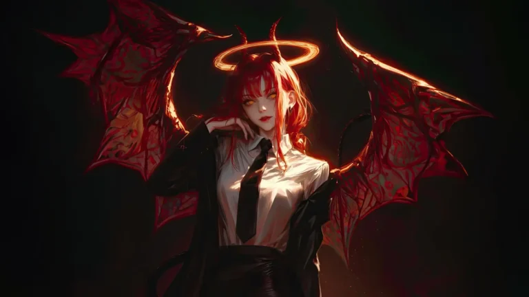 Makima Chainsaw Man with red demon wings, glowing halo, horns and golden eyes dark UHD wallpaper