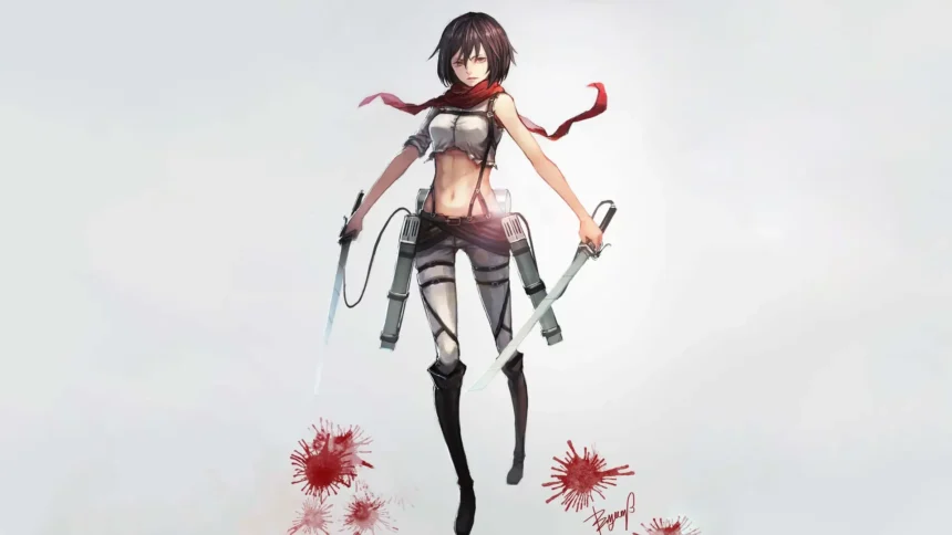 Mikasa Ackerman with ODM gear dual blades and red scarf from Attack on Titan UHD wallpaper