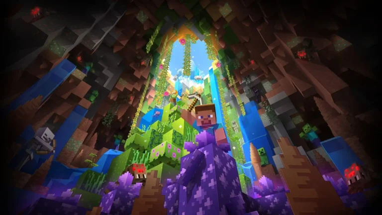 Minecraft Steve and Alex exploring a lush cave with mobs, waterfalls and glowing amethyst crystals UHD wallpaper
