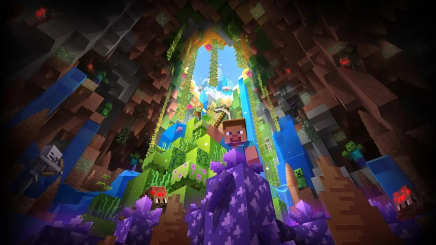 Minecraft Steve and Alex exploring a lush cave with mobs, waterfalls and glowing amethyst crystals UHD wallpaper