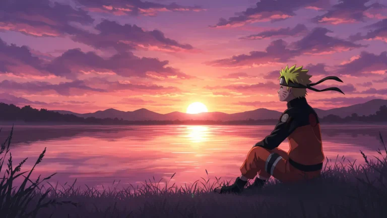 Naruto Uzumaki sitting peacefully beside a lake while watching a beautiful pink sunset over distant mountains wallpaper.