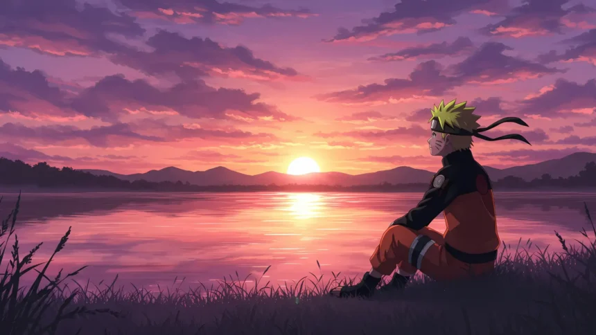 Naruto Uzumaki sitting peacefully beside a lake while watching a beautiful pink sunset over distant mountains wallpaper.