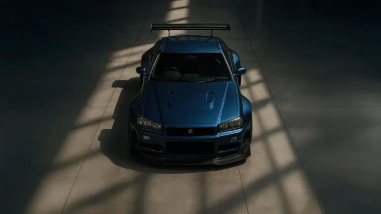 Blue Nissan Skyline GT-R R34 with widebody kit and large rear wing under cinematic garage lighting UHD wallpaper