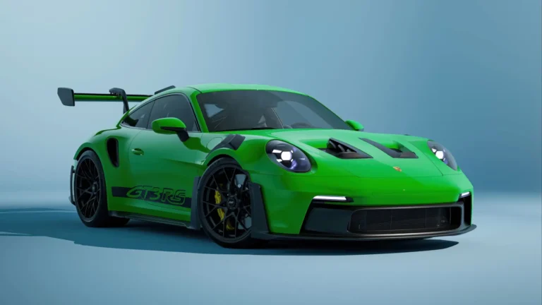 Porsche 911 GT3 RS in Python Green with black wheels, aggressive aero, hood vents, and a massive rear wing wallpaper.