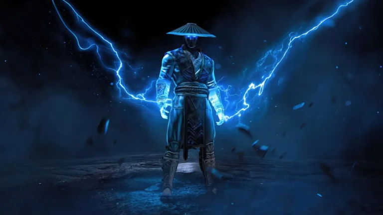 Raiden surrounded by blue lightning in Mortal Kombat 1 God of Thunder UHD wallpaper