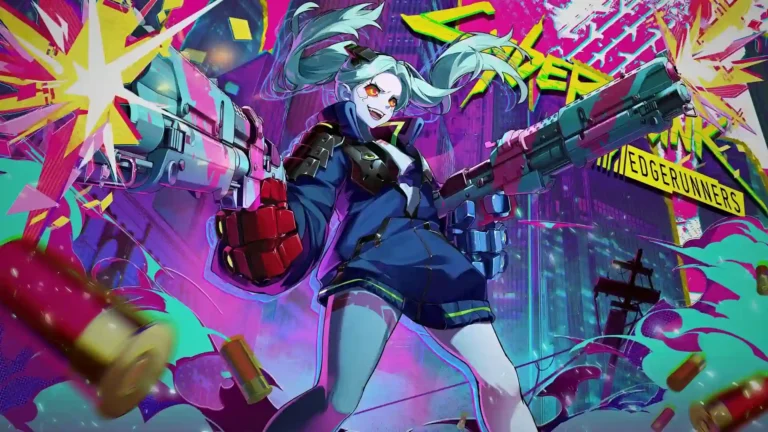 Rebecca Wuthering Waves x Cyberpunk Edgerunners with dual guns in colorful neon cyberpunk city artwork wallpaper.