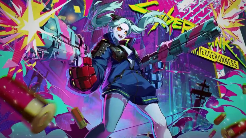 Rebecca Wuthering Waves x Cyberpunk Edgerunners with dual guns in colorful neon cyberpunk city artwork wallpaper.