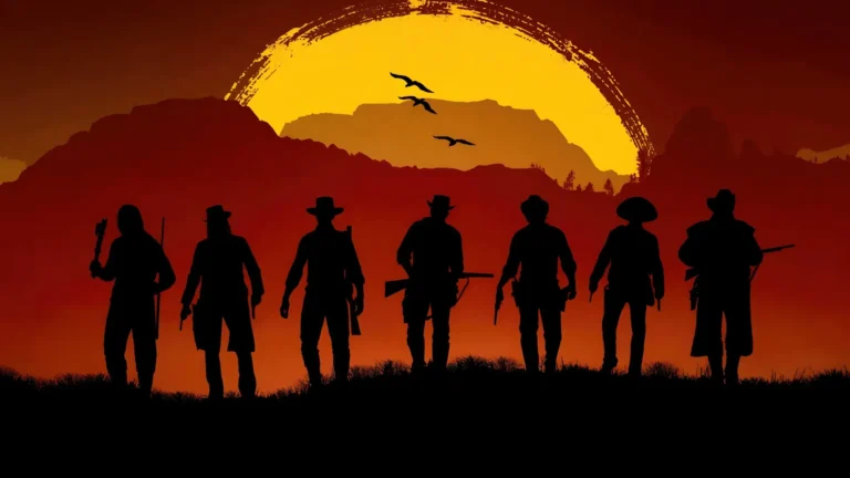 Red Dead Redemption outlaw silhouettes standing against a fiery red and orange Wild West sunset UHD wallpaper