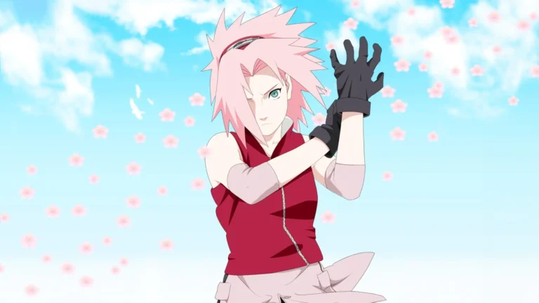 Sakura Haruno in a ninja pose wearing her iconic red outfit surrounded by pink cherry blossoms and a bright blue sky wallpaper.