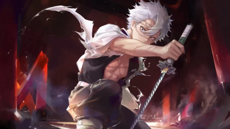 Sanemi Shinazugawa wielding his Nichirin sword in dark red Demon Slayer battle artwork wallpaper.