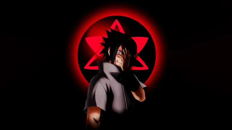 Sasuke Uchiha revealing glowing Mangekyo Sharingan with red Uchiha symbol on dark background UHD wallpaper