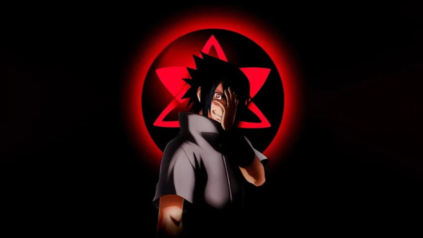 Sasuke Uchiha revealing glowing Mangekyo Sharingan with red Uchiha symbol on dark background UHD wallpaper