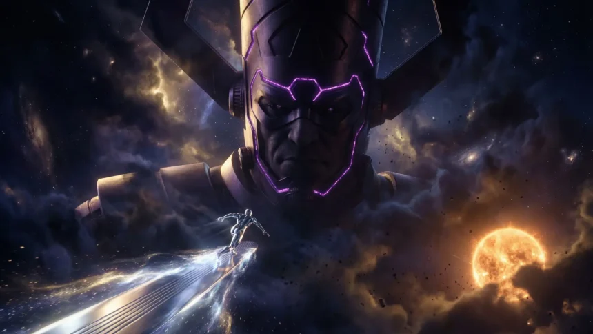 Silver Surfer riding his cosmic board while facing the colossal Galactus among stars, nebulae, and glowing cosmic energy wallpaper.