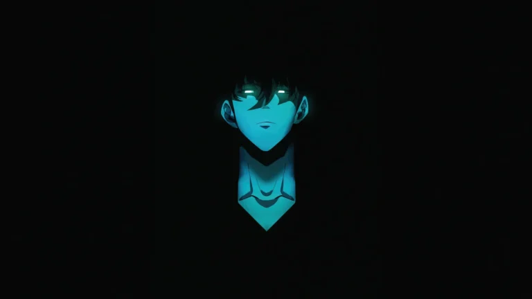 Sung Jinwoo dark minimalist portrait with glowing blue eyes from Solo Leveling UHD wallpaper