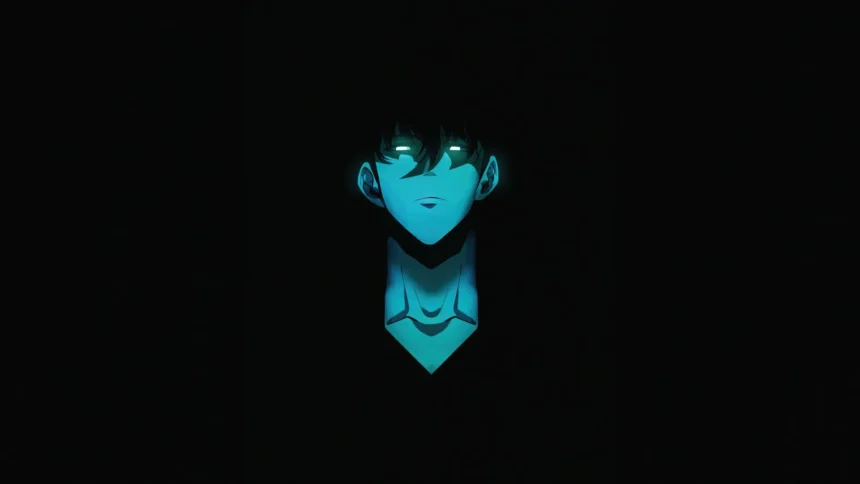 Sung Jinwoo dark minimalist portrait with glowing blue eyes from Solo Leveling UHD wallpaper