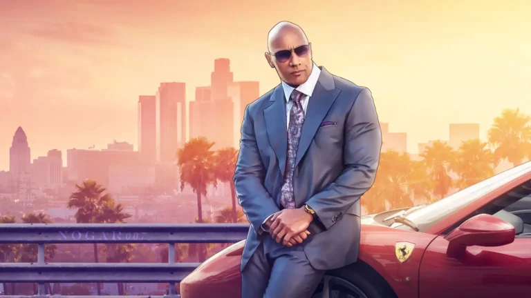 The Rock GTA V style art wearing a blue suit beside a red Ferrari with Los Angeles skyline and sunset in the background wallpaper.