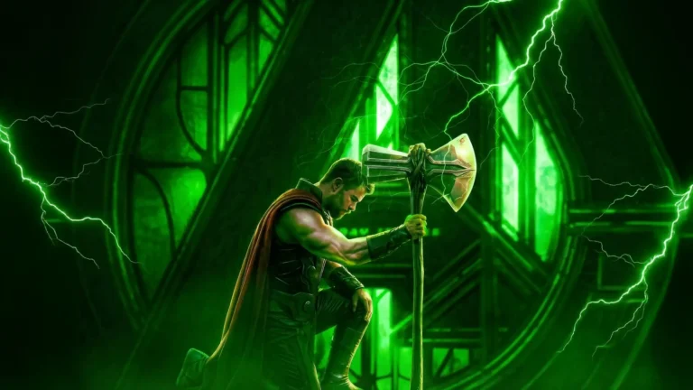 Thor kneeling with Stormbreaker surrounded by glowing green lightning in Avengers Doomsday UHD wallpaper