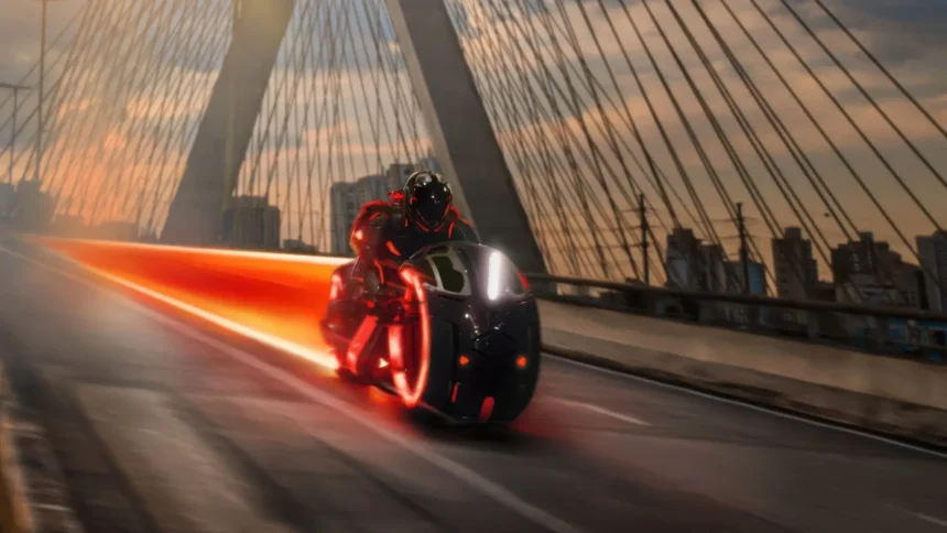 TRON Ares futuristic motorcycle chase with red Light Cycle energy trail on city bridge UHD wallpaper