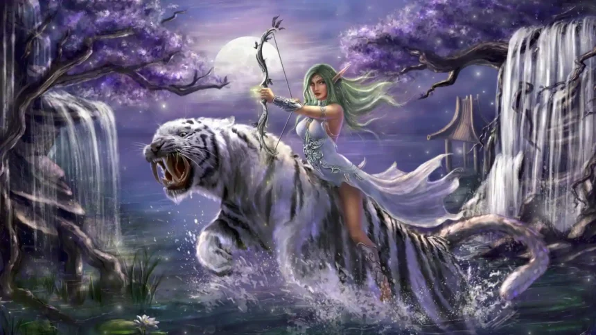 Tyrande Whisperwind riding white tiger with bow in magical moonlit World of Warcraft forest UHD wallpaper