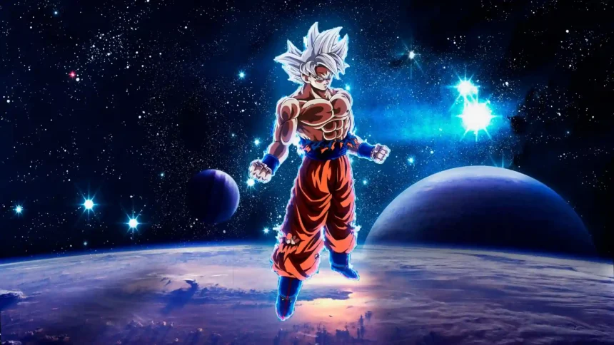 Ultra Instinct Goku with silver hair and blue aura floating among planets and stars in space UHD wallpaper