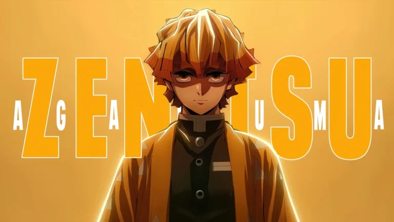 Zenitsu Agatsuma from Demon Slayer in his iconic yellow outfit with a glowing golden background and bold typography wallpaper.