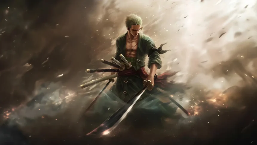 Roronoa Zoro with three swords surrounded by dramatic smoke in epic One Piece artwork UHD wallpaper