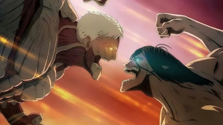 Armored Titan and Attack Titan facing each other in an intense Attack on Titan battle wallpaper.