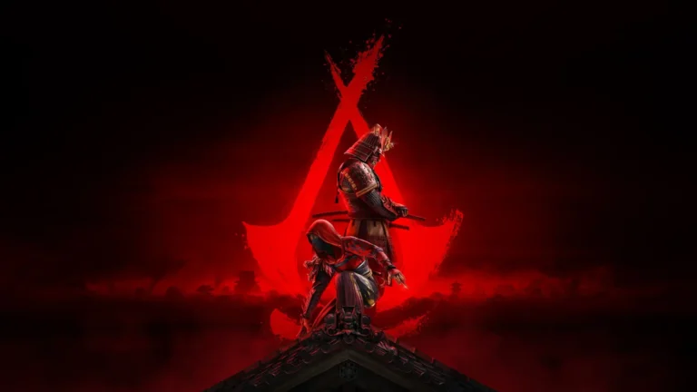 Naoe and Yasuke from Assassin's Creed Shadows posed against a glowing red Japanese samurai background wallpaper.