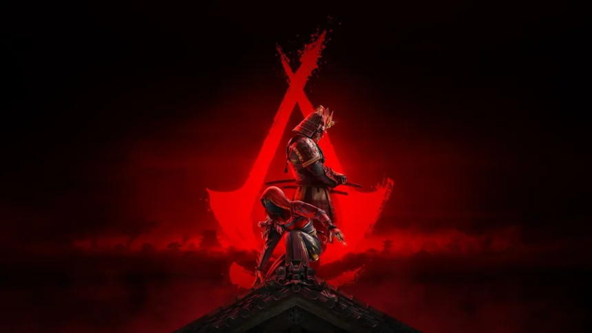 Naoe and Yasuke from Assassin's Creed Shadows posed against a glowing red Japanese samurai background wallpaper.