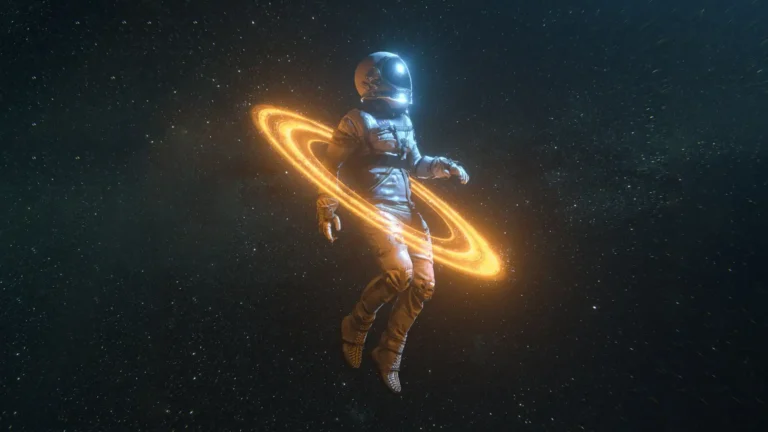 Astronaut floating in deep space surrounded by glowing golden Saturn rings and a star-filled cosmic background wallpaper.