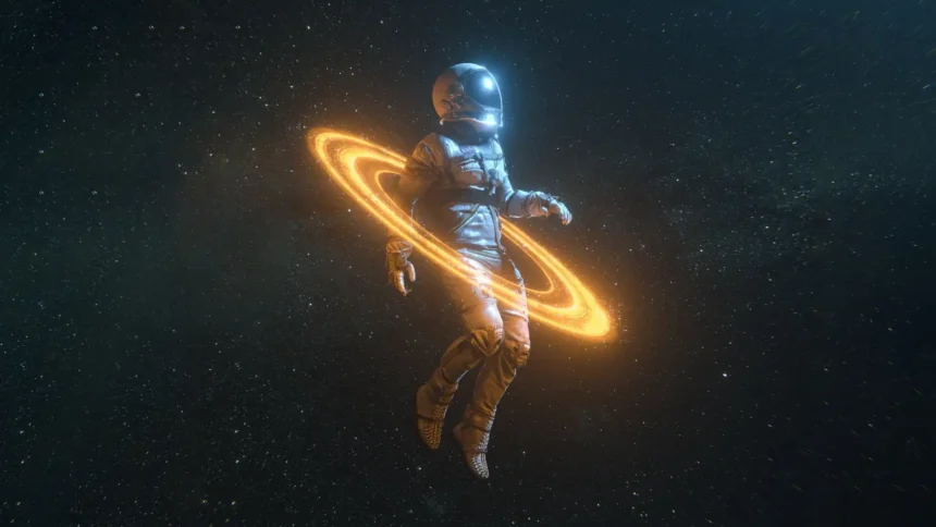 Astronaut floating in deep space surrounded by glowing golden Saturn rings and a star-filled cosmic background wallpaper.
