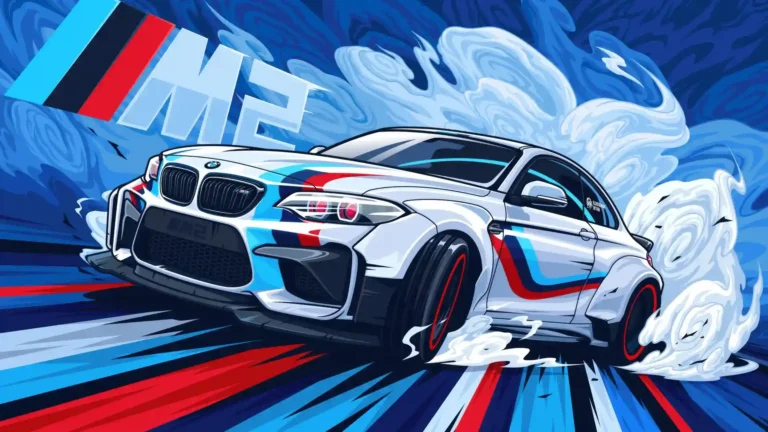 BMW M2 with Motorsport racing livery drifting through blue and white smoke in vibrant digital art wallpaper.