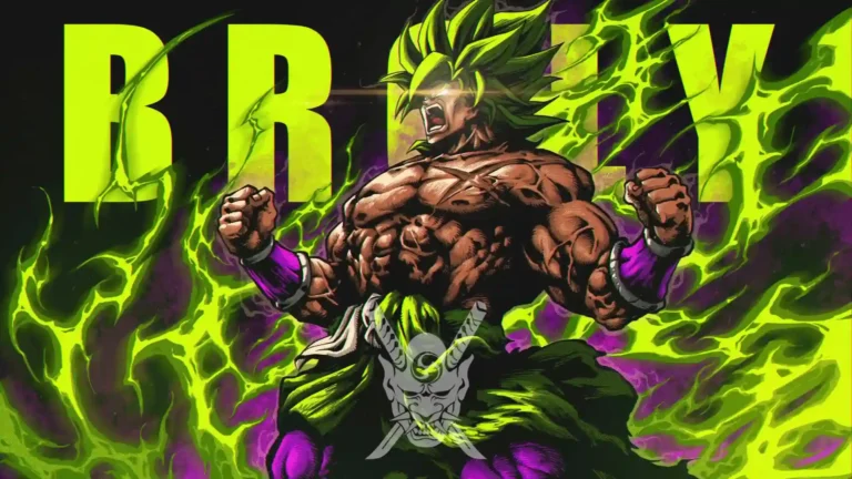 Broly powering up with glowing green hair and explosive green energy in Dragon Ball Super artwork wallpaper.