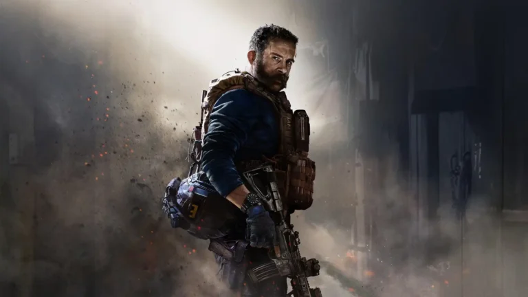 Captain Price from Call of Duty Modern Warfare holding an assault rifle in tactical SAS gear surrounded by smoke and glowing embers wallpaper.