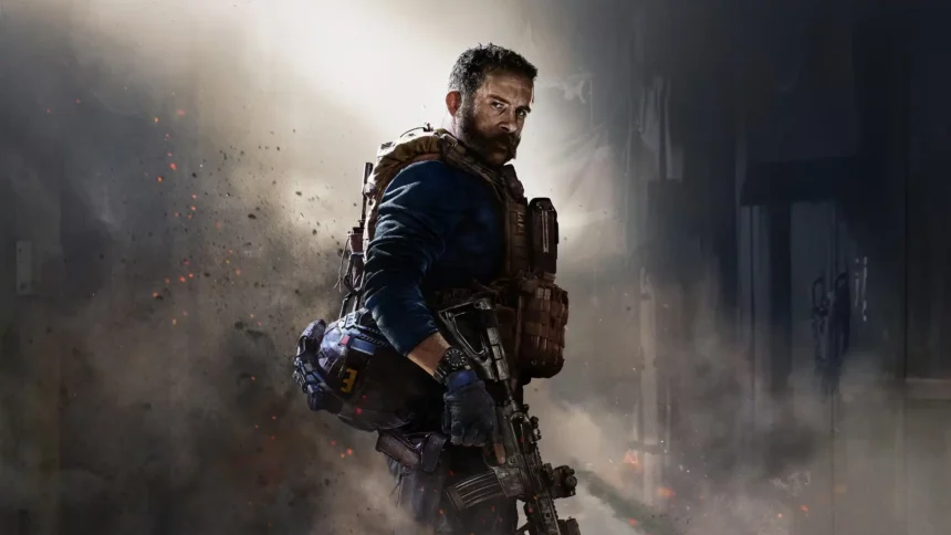 Captain Price from Call of Duty Modern Warfare holding an assault rifle in tactical SAS gear surrounded by smoke and glowing embers wallpaper.